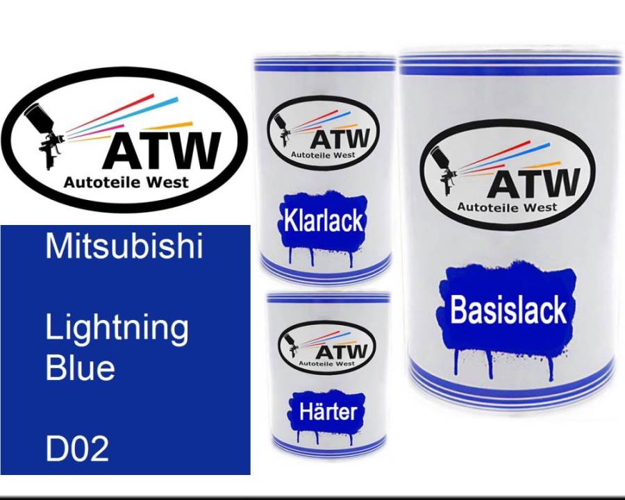 Mitsubishi, Lightning Blue, D02: 500ml Lackdose + 500ml Klarlack + 250ml Härter - Set, von ATW Autoteile West.